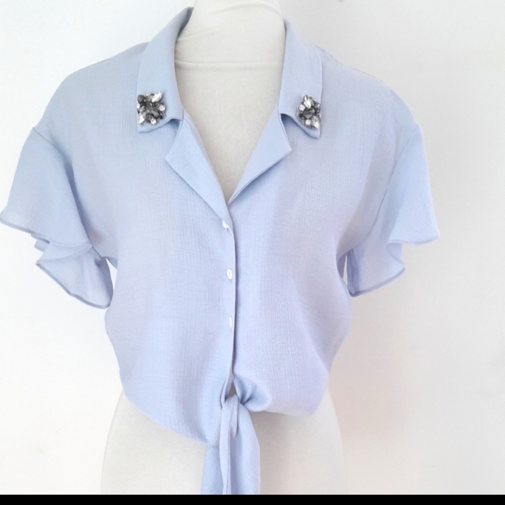 Boho Lush baby Blue Tie front Top Blouse short sleeve Small